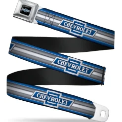 1929 Chevrolet Bowtie Logo Full Color Black Silver Blue Seatbelt Belt - 1929 Chevrolet Bowtie Logo/Stripe Blue/Silver/Blue Webbing