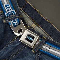 1929 Chevrolet Bowtie Logo Full Color Black Silver Blue Seatbelt Belt - 1929 Chevrolet Bowtie Logo/Stripe Blue/Silver/Blue Webbing