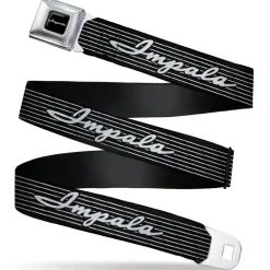 1962 IMPALA Script Emblem Full Color Black Silver Seatbelt Belt - 1962 IMPALA Script Emblem/Stripe Black/White/Silver Webbing