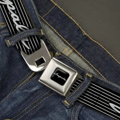 1962 IMPALA Script Emblem Full Color Black Silver Seatbelt Belt - 1962 IMPALA Script Emblem/Stripe Black/White/Silver Webbing