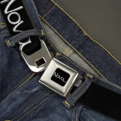 1968-72 NOVA Script Emblem Full Color Black Silver Seatbelt Belt - 1968-72 NOVA Script Emblem Black/Silver Webbing