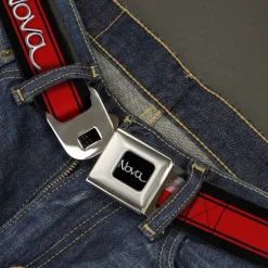 1968-72 NOVA Script Emblem Full Color Black Silver Seatbelt Belt - 1968-72 NOVA Script Emblem/Stripe Black/Red/Silver Webbing