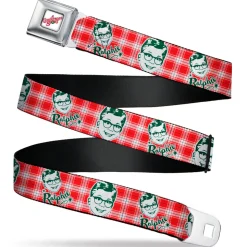 A CHRISTMAS STORY Wreath Logo Full Color White Seatbelt Belt - A Christmas Story RALPHIE Smiling Face Plaid Red/White/Green Webbing