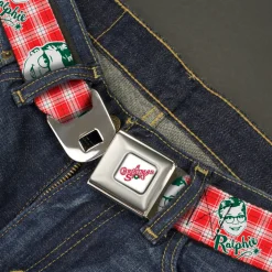 A CHRISTMAS STORY Wreath Logo Full Color White Seatbelt Belt - A Christmas Story RALPHIE Smiling Face Plaid Red/White/Green Webbing