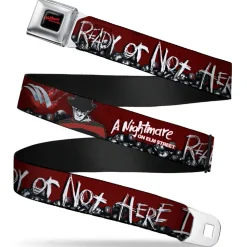 A NIGHTMARE ON ELM STREET Full Color Black/Blood Splatter Reds Seatbelt Belt - A NIGHTMARE ON ELM STREET/READY OR NOT HERE I COME/Freddy Pose/Skulls Reds/Black/Grays/White Webbing
