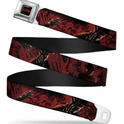 A NIGHTMARE ON ELM STREET Logo Full Color Black/Reds Seatbelt Belt - Freddy 4-Poses/Quote Scrawls/Hand Scratching Reds/Black Webbing