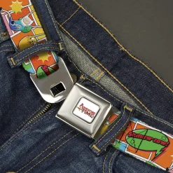 ADVENTURE TIME Title Logo Full Color White Seatbelt Belt - Adventure Time Finn and Jake SHMOW-ZOW Comic Pose Orange Webbing