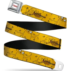 ADVENTURE TIME Title Logo Full Color White Seatbelt Belt - Adventure Time Jake Dancing and Violin Poses Yellow Webbing