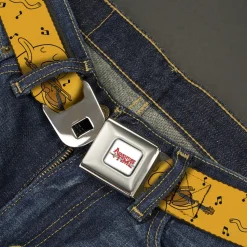 ADVENTURE TIME Title Logo Full Color White Seatbelt Belt - Adventure Time Jake Dancing and Violin Poses Yellow Webbing