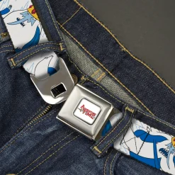 ADVENTURE TIME Title Logo Full Color White Seatbelt Belt - Adventure Time Ice King Poses and Bolts White/Blue Webbing