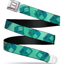 ADVENTURE TIME Title Logo Full Color White Seatbelt Belt - Adventure Time BMO Pose Flips Seafoam Green Webbing