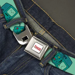 ADVENTURE TIME Title Logo Full Color White Seatbelt Belt - Adventure Time BMO Pose Flips Seafoam Green Webbing