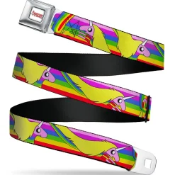 ADVENTURE TIME Title Logo Full Color White Seatbelt Belt - Adventure Time Lady Raincorn Poses Stripe Rainbow Webbing