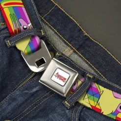 ADVENTURE TIME Title Logo Full Color White Seatbelt Belt - Adventure Time Lady Raincorn Poses Stripe Rainbow Webbing