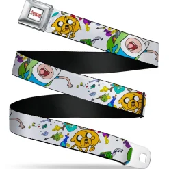 ADVENTURE TIME Title Logo Full Color White Seatbelt Belt - Adventure Time Jake and Finn Open Pack Pose White Webbing