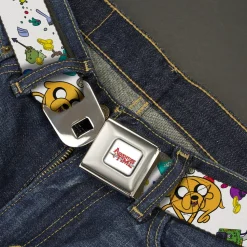 ADVENTURE TIME Title Logo Full Color White Seatbelt Belt - Adventure Time Jake and Finn Open Pack Pose White Webbing