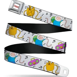 ADVENTURE TIME Title Logo Full Color White Seatbelt Belt - Adventure Time Finn and Jake Long Arms Dancing Pose White Webbing