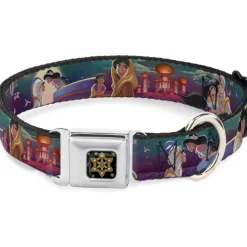 Aladdin Flower Motif Full Color Black/Gold Seatbelt Buckle Collar - Aladdin & Jasmine Scenes/Castle/Birds