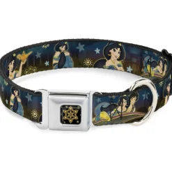 Aladdin Flower Motif Full Color Black/Gold Seatbelt Buckle Collar - Jasmine & Aladdin Carpet Ride/Jasmine Poses/Flowers