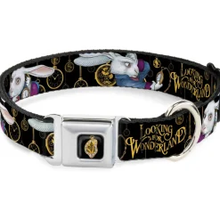 Alice in Wonderland Clock Full Color Black/Gold/White Seatbelt Buckle Collar - White Rabbit Poses LOOKING FOR WONDERLAND/Clocks Black/Golds