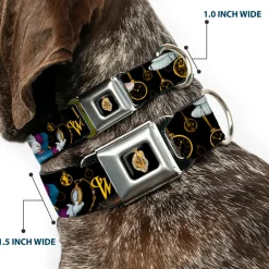 Alice in Wonderland Clock Full Color Black/Gold/White Seatbelt Buckle Collar - White Rabbit Poses LOOKING FOR WONDERLAND/Clocks Black/Golds