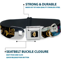 Alice in Wonderland Clock Full Color Black/Gold/White Seatbelt Buckle Collar - White Rabbit Poses LOOKING FOR WONDERLAND/Clocks Black/Golds