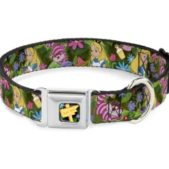 Alice in Wonderland THIS WAY Sign/Flowers Full Color Seatbelt Buckle Collar - Alice & Cheshire Cat Poses/Flowers