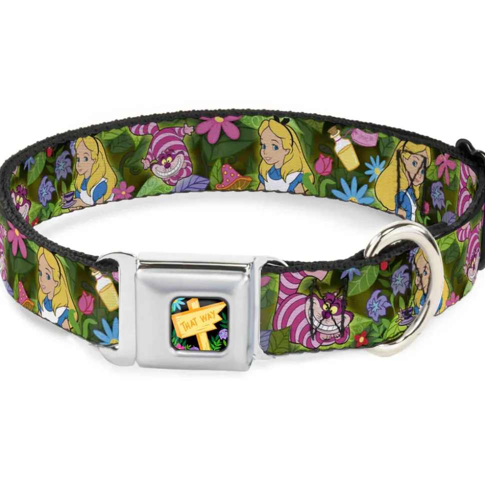 Alice in Wonderland THIS WAY Sign/Flowers Full Color Seatbelt Buckle Collar - Alice & Cheshire Cat Poses/Flowers