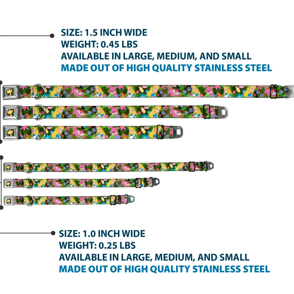 Alice in Wonderland THIS WAY Sign/Flowers Full Color Seatbelt Buckle Collar - Alice & Cheshire Cat Poses/Flowers