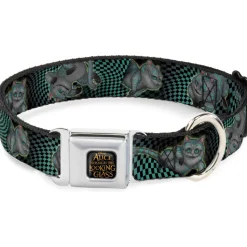 ALICE THROUGH THE LOOKING GLASS Logo Full Color Black/Gold Seatbelt Buckle Collar - Cheshire Cat 4-Poses Checkers Teal/Black