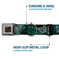ALICE THROUGH THE LOOKING GLASS Logo Full Color Black/Gold Seatbelt Buckle Collar - Cheshire Cat 4-Poses Checkers Teal/Black