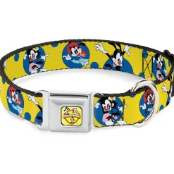 ANIMANIACS Title Logo Full Color Yellow Seatbelt Buckle Collar - Animaniacs Yakko Wakko and Dot Poses Yellow/Blue
