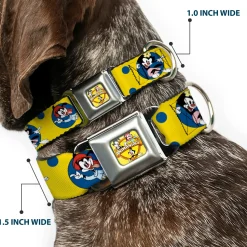 ANIMANIACS Title Logo Full Color Yellow Seatbelt Buckle Collar - Animaniacs Yakko Wakko and Dot Poses Yellow/Blue