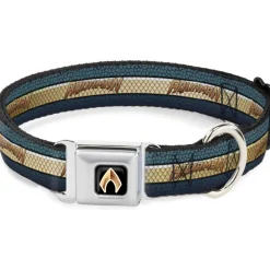 Aquaman 2017 Icon Black/Golds Seatbelt Buckle Collar - AQUAMAN Scales Stripe Blues/Golds