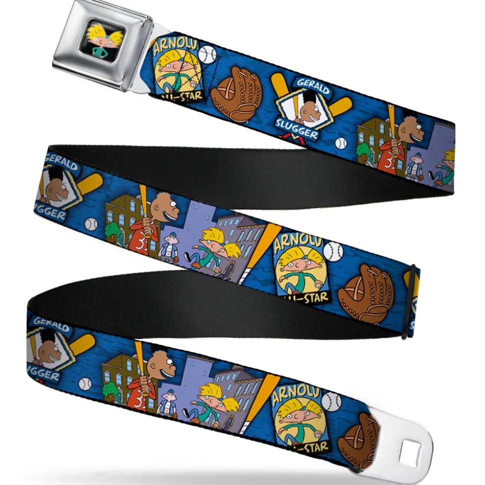 Arnold Pose Full Color Black Seatbelt Belt - Arnold ALL-STAR/Gerald SLUGGER Baseball Poses Blue Webbing