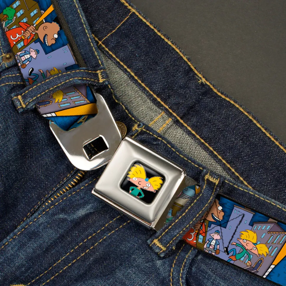 Arnold Pose Full Color Black Seatbelt Belt - Arnold ALL-STAR/Gerald SLUGGER Baseball Poses Blue Webbing