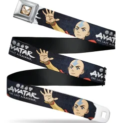Avatar the Last Airbender Aang Face Close-Up Full Color Seatbelt Belt - AVATAR THE LAST AIRBENDER Aang Hand Pose and Title Logo Black/Grays Webbing