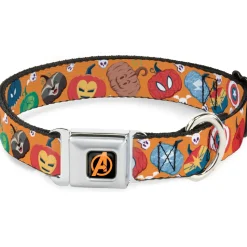 Avengers A Logo Full Color Black/Orange Seatbelt Buckle Collar - Marvel 9-Avengers Halloween Jack-O-Lantern Pumpkin Icons Scattered Orange