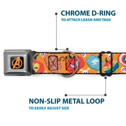 Avengers A Logo Full Color Black/Orange Seatbelt Buckle Collar - Marvel 9-Avengers Halloween Jack-O-Lantern Pumpkin Icons Scattered Orange