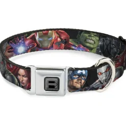 AVENGERS Block Logo Full Color Black/White Seatbelt Buckle Collar - 7-Vivid Avengers Action Poses