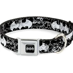 Batman Black Silver Seatbelt Buckle Collar - Batman Outlines Black/White