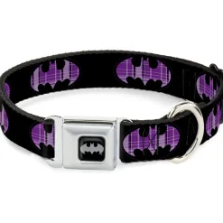 Batman Black Silver Seatbelt Buckle Collar - Batman Signal Black/Purple Plaid