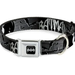 Batman Black Silver Seatbelt Buckle Collar - BATMAN w/Bat Signals & Flying Bats Black/White
