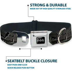 Batman Black Silver Seatbelt Buckle Collar - BATMAN w/Bat Signals & Flying Bats Black/White