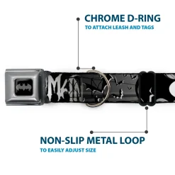 Batman Black Silver Seatbelt Buckle Collar - BATMAN w/Bat Signals & Flying Bats Black/White