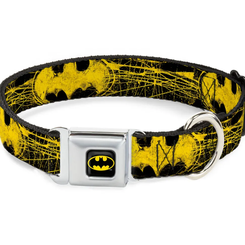 Batman Full Color Black Yellow Seatbelt Buckle Collar - Batman Shield CLOSE-UP Sketch Black/Yellow