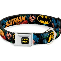 Batman Full Color Black Yellow Seatbelt Buckle Collar - Batman & Robin in Action w/Text Black