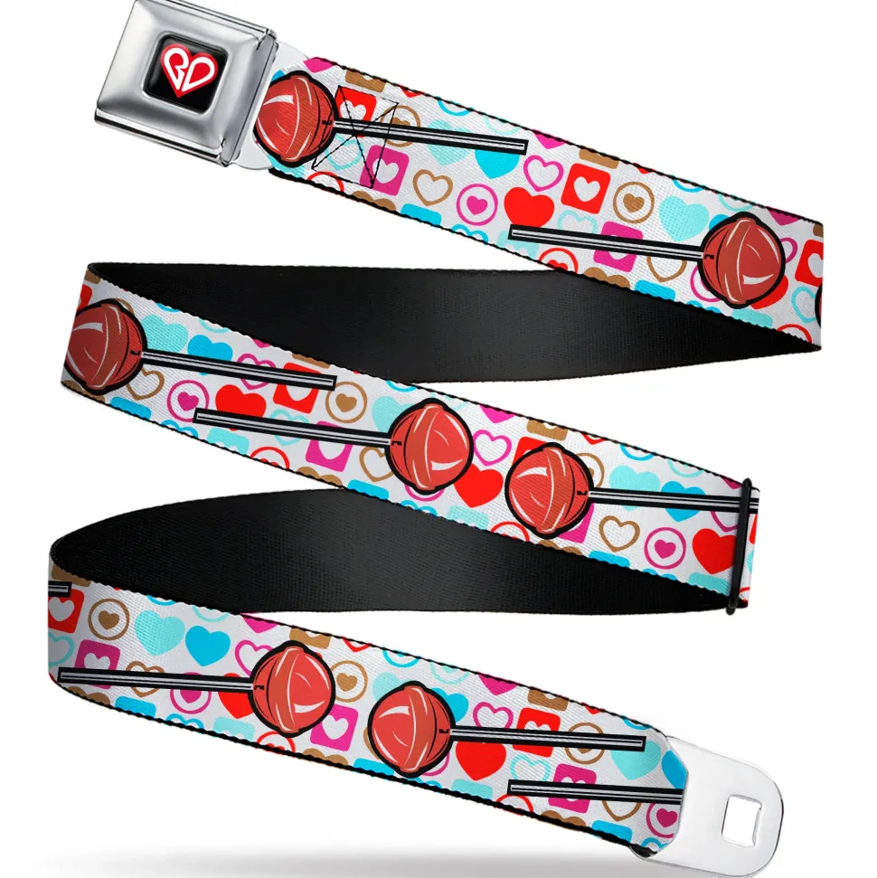 BD Heart Logo Full Color Black/Red/White Seatbelt Belt - Lollipop Hearts White Webbing