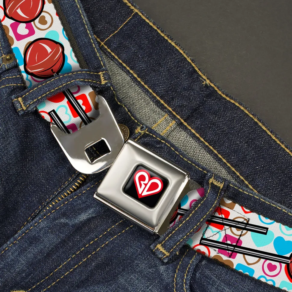 BD Heart Logo Full Color Black/Red/White Seatbelt Belt - Lollipop Hearts White Webbing