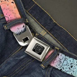 BD Wings Logo CLOSE-UP Black/Silver Seatbelt Belt - Bandana Paisley Ombre Pastel/Black Webbing